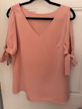 Blush Pink V-Neck Blouse with Bow Tie Sleeves